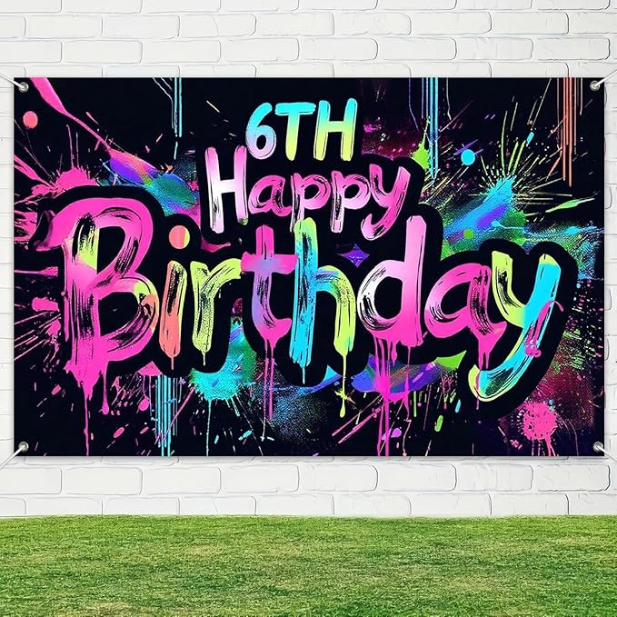 Neon 6th Happy Birthday Banner 71x43 Inch Paint Splatter Glow in The Dark Backdrop Colorful Wall Decor for Kids Boys Girls Fifth Birthday Celebrations Photo Booth Props Event Supplies