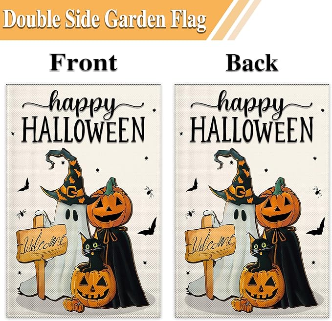 Happy Halloween Garden Flag 12x18 Double Sided Ghost Jack O Lantern Bat Garden Flag 3Ply Fabric Halloween Pumpkin Garden Flags for Outside House Indoor Outdoor Holiday Yard Sign Decor