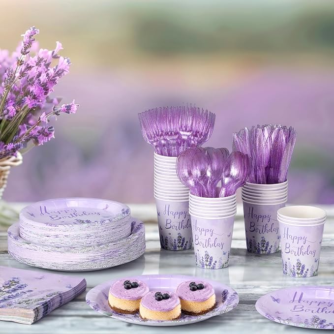 400 Pcs Purple Lavender Birthday Decorations for 50 Guests, Lavender Floral Butterfly Paper Plates Napkins and Cups Set with Cutlery, Lilac Tableware for Spring Birthday Party Supplies