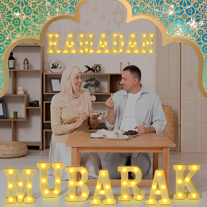 14 Pcs Ramadan Mubarak Large LED Letter Sign Powered Battery Light Hanging Decor for Party Decorations Indoor Outdoor