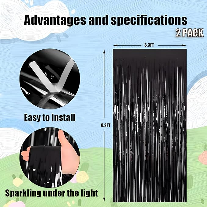 Valentines Day 2 Pack 3.3 * 8.3 ft Foil Curtain Metallic Tinsel Fringe Curtains Photo Booth Props Backdrop for Birthday Wedding Engagement Baby Shower Christmas Holiday Celebration Partyl,Black