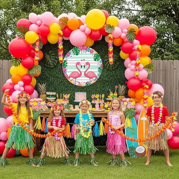 Summer Tropical Balloon Arch Kit Hot pink yellow orange Balloon Luau palm leaves Hawaiian leis backdrop For Baby Shower Island Beach Flamingo Pool Parties Tiki Aloha Birthday Party Decorations