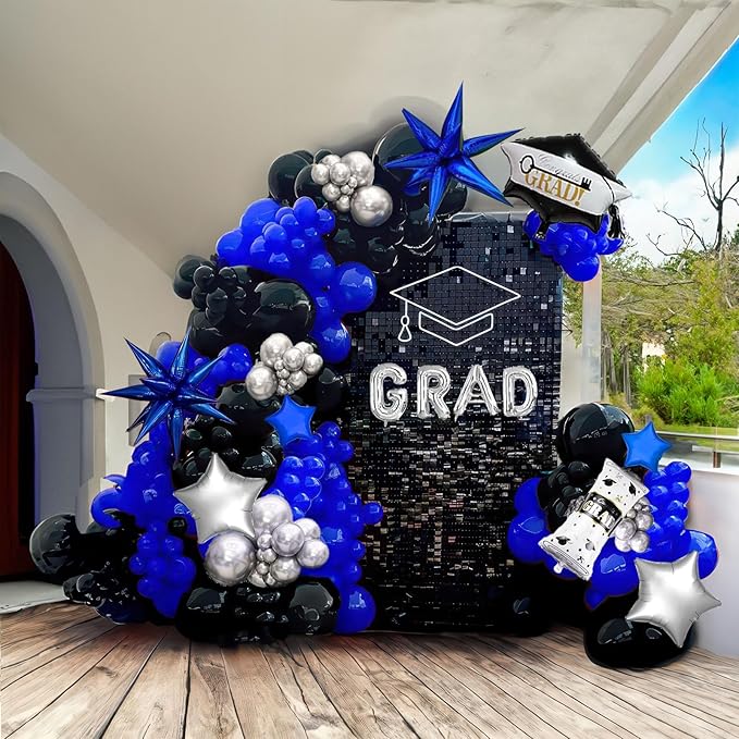 Black royal blue and Silver Balloon Garland Arch Kit 130+ Pieces with royal blue and Silver Stars, Graduation Certificate Graduation Cap GRAD Letters Mylar Balloons for 2025 Graduation Prom Decoration