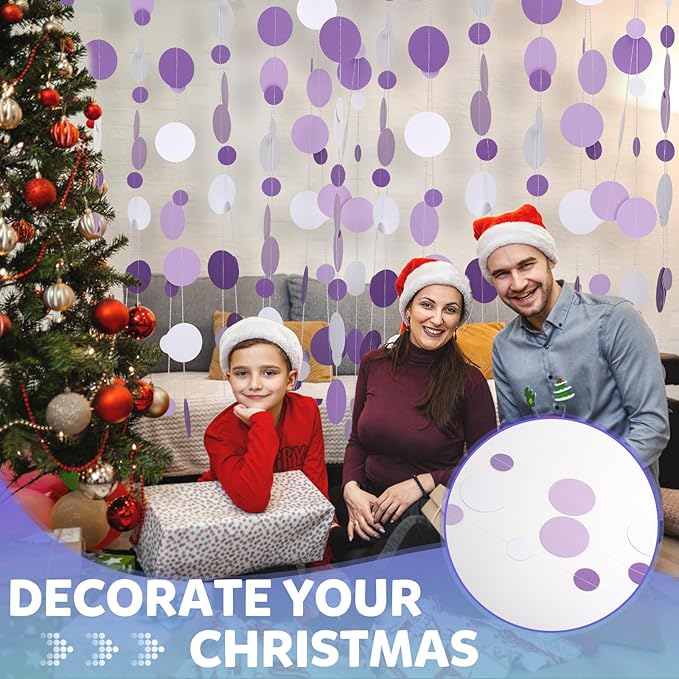 52FT Party Garlands, Paper Garland Circle Dots, Hanging Circle Banner Decorations for Birthday, Party, Wedding, Baby Shower, Graduations, Christmas, Wall Decor (Purple White Garlands)