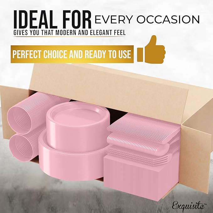 350 Pcs Pink Plastic Plates For Party, Pink Disposable Plates Set, 50 Of Each 9" Dinner Plate Set, 7" Dessert Plate, Cups, Napkins & Cutlery Plastic Dinnerware Set Exquisite