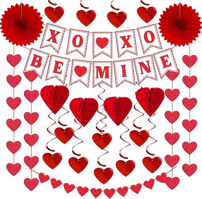 Galentines Party-Decoration Valentines-Day Heart Garland - 25pcs Red Paper Streamers Honeycomb Fans XOXO BEMINE Banner, Anniversary Baby Shower Wedding Love Hanging Supplies Decor Hugfond