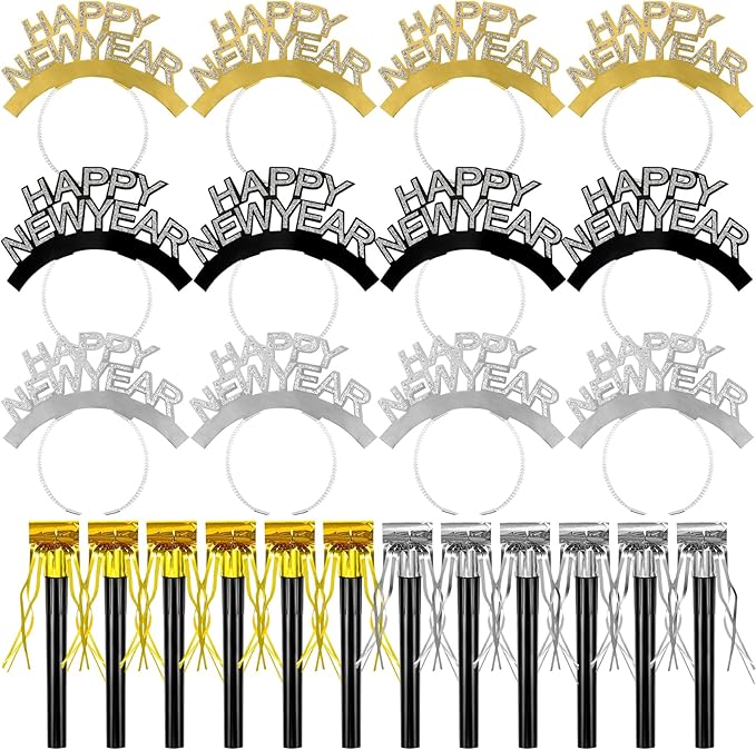 Openfly New Years Eve Party Supplies 2026 Happy New Year Headband Tiara New Year Fringed Noise Makers Party Favors