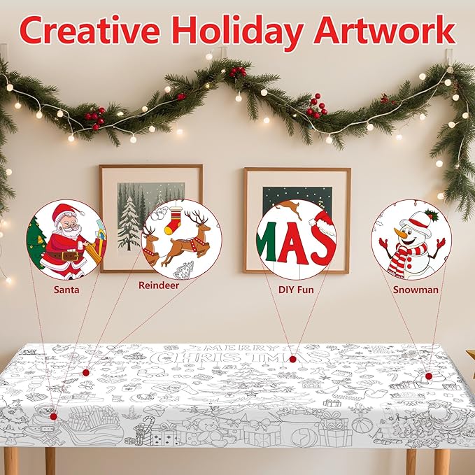 AinDen Giant Christmas Coloring Poster Tablecloth for Kids, 30×72 Jumbo Holiday Coloring Banner, Xmas Crafts & Activities for Parties, Classrooms, Kids Gifts
