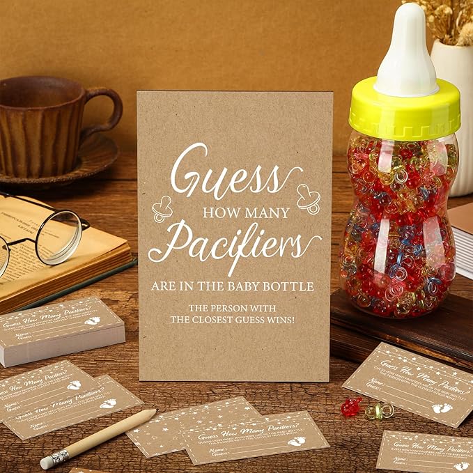 Syhood Kraft Baby Shower Games Guess How Many Pacifiers Rustic Game Sign 50 Small Guessing Games 20 HB Pencils 750 ml Milk Bottle 400 Acrylic Pacifiers Decorations Guests Gender Reveal Party Favors
