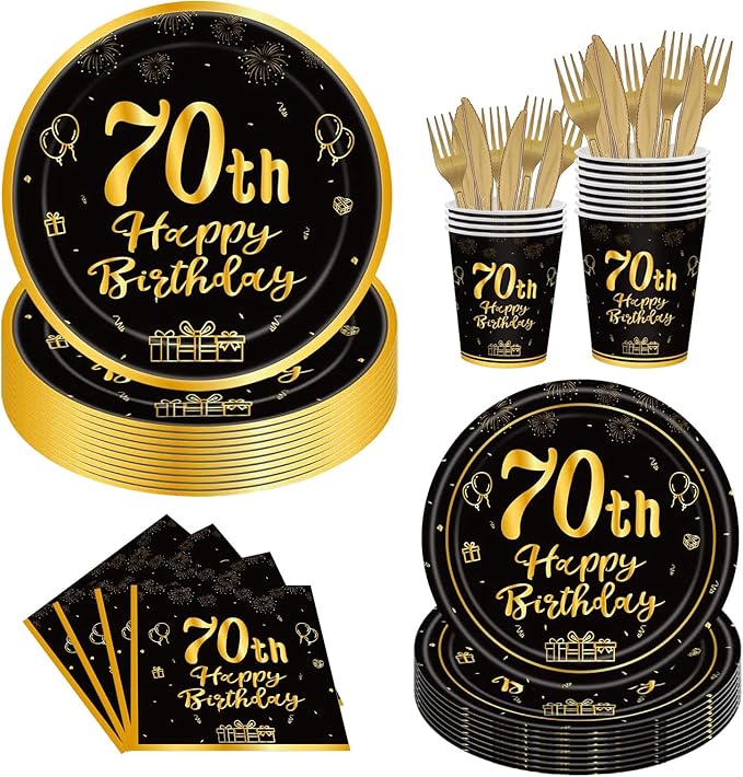 144PCS 70th Birthday Plates and Napkins Birthday Party Supplies 70th Birthday Party Decorations for Men Women Disposable Party Tableware Including Paper Plates Napkins Cups Forks Serve 24
