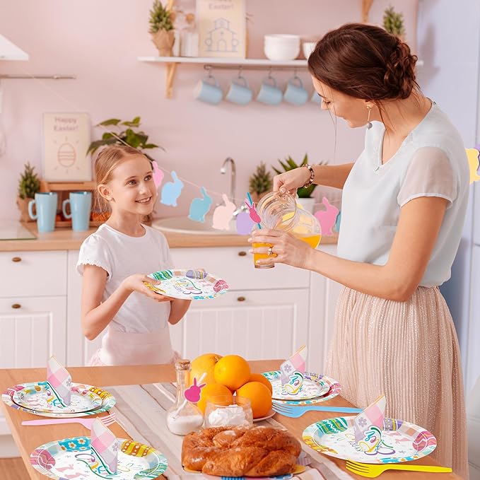 120 PCS Easter Party Decorations, 30 Set 9" Dinner Plates 7" Dessert Plates Paper Napkins Forks Set, Disposable Paper Plates Happy Easter Plates Bunny Egg Party Dinnerware Tableware Party Supplies