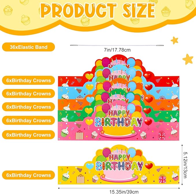 Yunsailing 36 Pcs Happy Birthday Crowns for Kids Paper Birthday Hat Crowns for Classroom Gifts Kids' Party(Colorful)