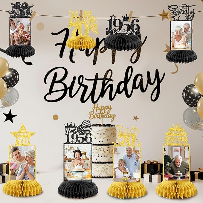 8Pcs 70th Birthday Decoration for Men Women Happy 70th Birthday Honeycomb Centerpieces 70th Birthday Table Decorations Black and Gold Cheers to 70 Years Decor Birthday Party Favors