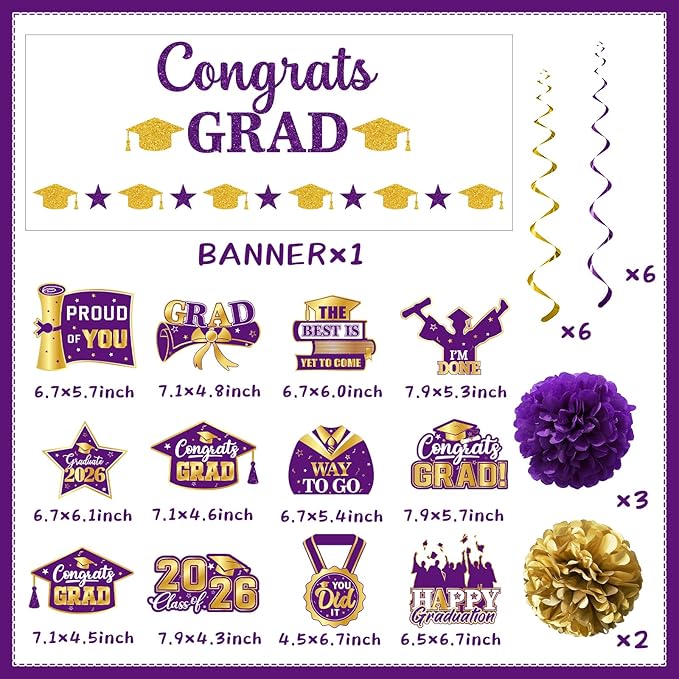 Purple Graduation Decorations, Glitter Congrats Grad Banner Hanging Swirls and Tissue Pom Poms, Purple and Gold Graduation Decorations for Class of 2026 College Graduations Party Decorations