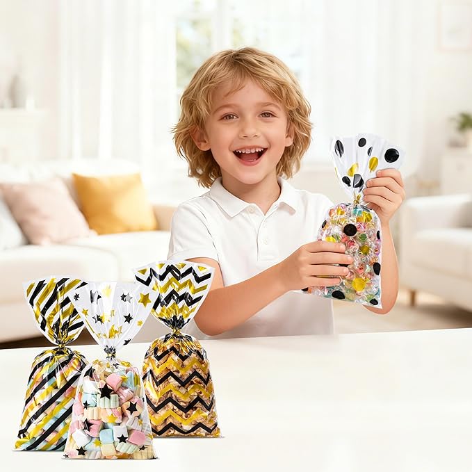 Aegero 120 Pack Black/Gold (wave dots/ wave stripes /diagonal stripes/Star Printed)Cellophane Treat Bags,10.63 x 5.12 Inch Plastic Candy Goodies Bags with 140 Pcs Twists for Valentine,Birthday,Bakery,Wedding,Gift Cookie Snack Packing,Party Favor Supplies