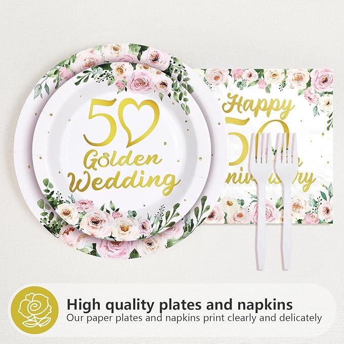 96 Pcs 50th Anniversary Decorations Pink Floral Happy 50th Anniversary Plates and Napkins Disposable Golden Wedding Tableware Set for Wedding 50 Years Loved Party Supplies Serves 24