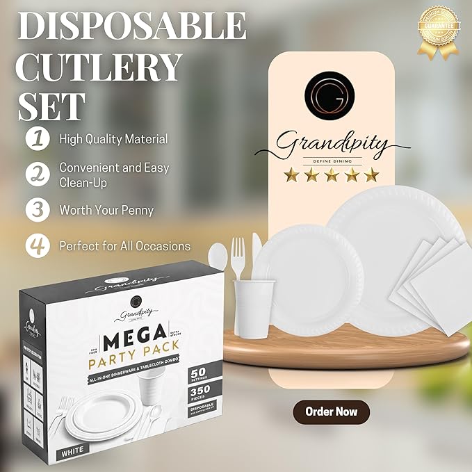 350 Piece WHITE Disposable Dinnerware Set 50 Guests, Plastic Party Plates And Cups And Napkins Sets - 50 Count 9" Dinner Plates, 7" Dessert Plates, 12oz Cups, Paper Napkins, Forks, Knives & Spoons