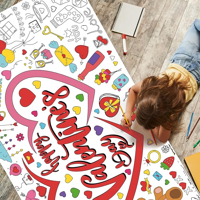 Valentine's Day Coloring Tablecloth, 30x72 Inch Large Giant Poster for Party Activities, Home Decor