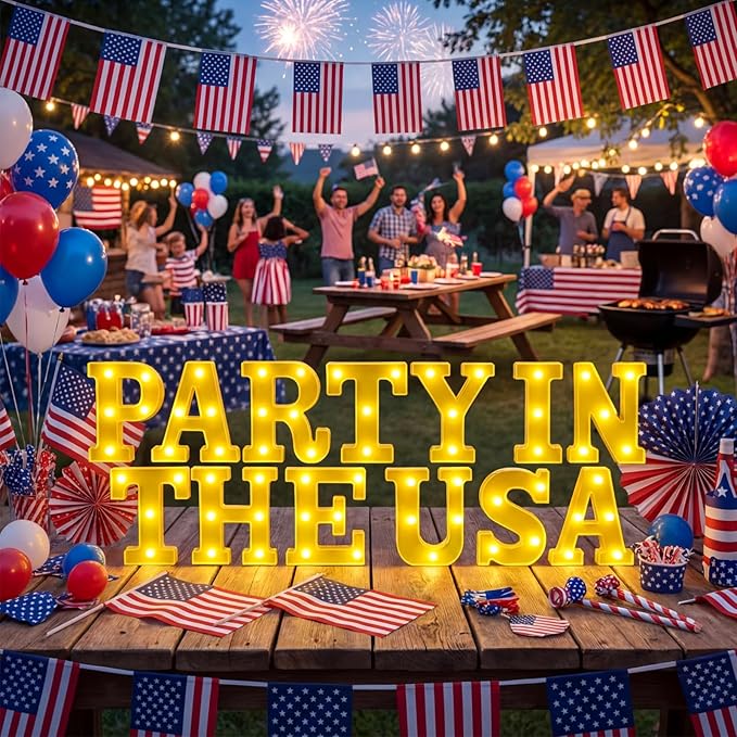 Honoson 13 Pcs 4th of July Decorations Party in The USA Lights up Signs 250th Memorial Day Patriotic Parties Table Decor Set for Independence Day Memorial Veterans Patriotic Party Decorations