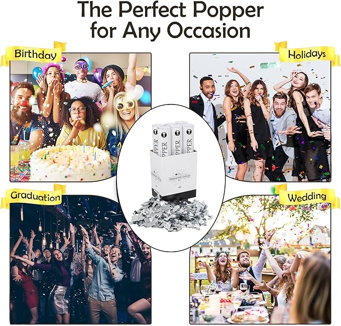 Confetti Cannons 12" – 6 Pack Gold Mylar Confetti Poppers | Party Poppers for Weddings, Birthdays, Graduations & Events | Air-Powered, Safe & Easy to Use | Shoots 25 Feet Indoor & Outdoor