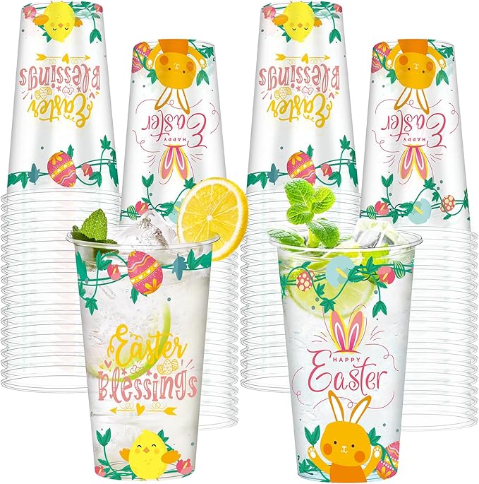 50Pcs Easter Disposable Plastic Cups 16 oz Happy Easter Clear Cups with Cute Bunny Colorful Eggs and Chick Spring Drinking Cups, Party Cups Coffee Hot and Cold Drinks Spring Party Decorations