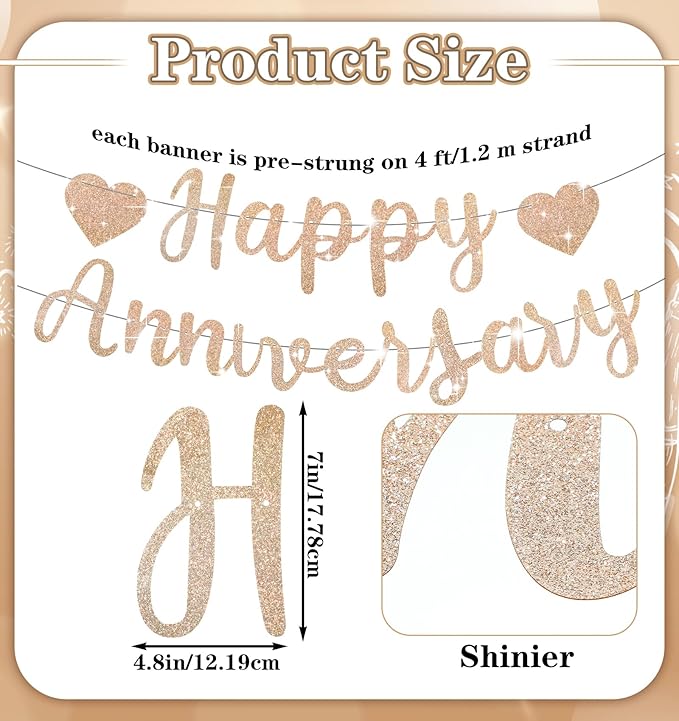 Happy Anniversary Banner, Champagne Gold Happy Anniversary Sign, Pre-Assembled for Wedding Party Celebration Decor (Champagne Gold0