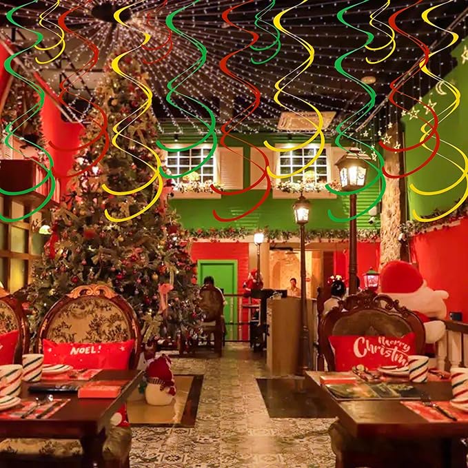 Colorful Ceiling Swirl Foil Decorations Hanging Plastic Streamer Themed Swirl Party for Christmas Carnival Celebration, Pack of 28 (Red, Green and Gold)
