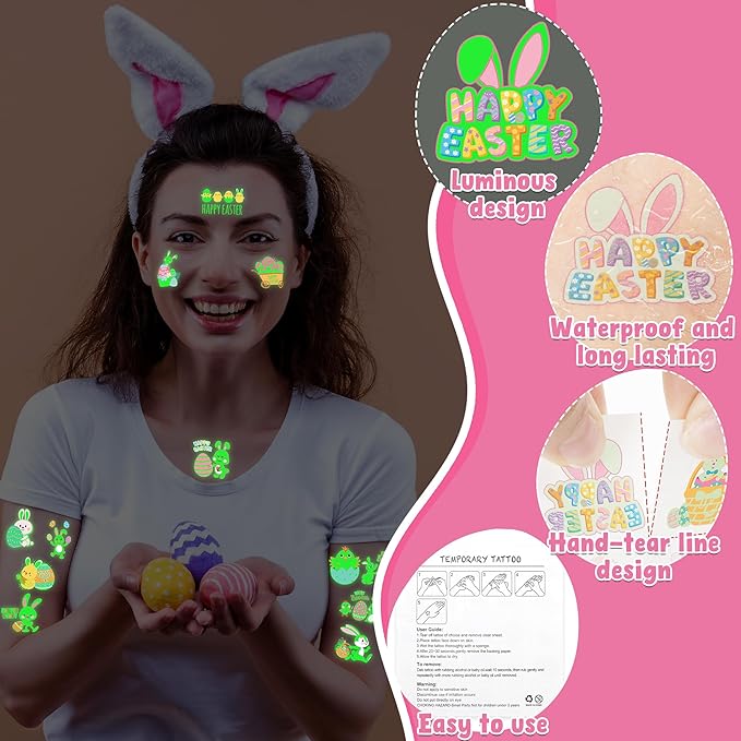 150 PCS Luminous Easter Tattoos, 25 Styles Glow Easter Stickers for Easter Basket Stuffers, Waterproof Easter Temporary Tattoos with Bunny Egg Chick for Easter Basket Filler Party Favors