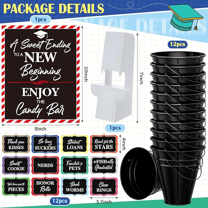 12 Set 2026 Graduation Candy Buffet Party Decoration Graduation Table Candy Bar Snack Labels Signs and 5'' Buckets with Handle for Class of 2026 Party Parties Supplies(Pure Style,Black Color)