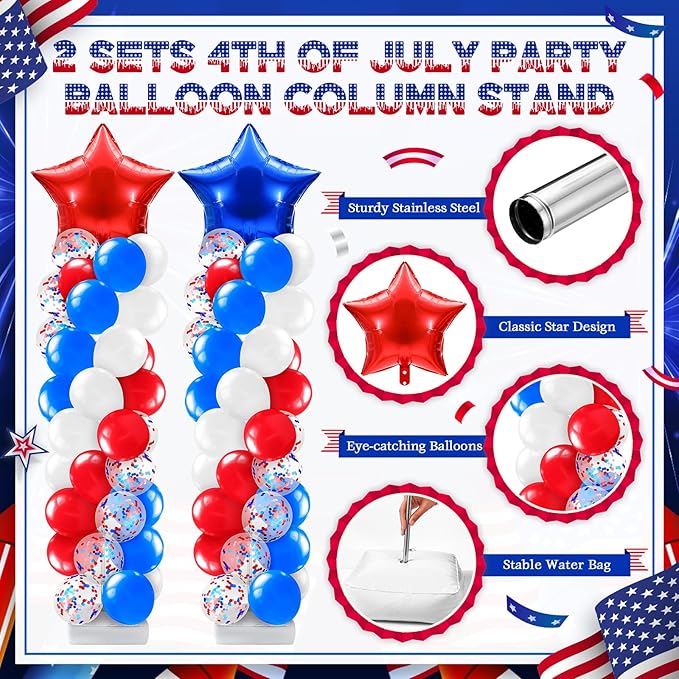 Kasyat 2 Sets 4th of July Balloon Column Stand Kit with Foil Star Balloons Blue and Red White Arch Kit for Floor for Patriotic Memorial Day 250th Anniversary Independence Day Decorations