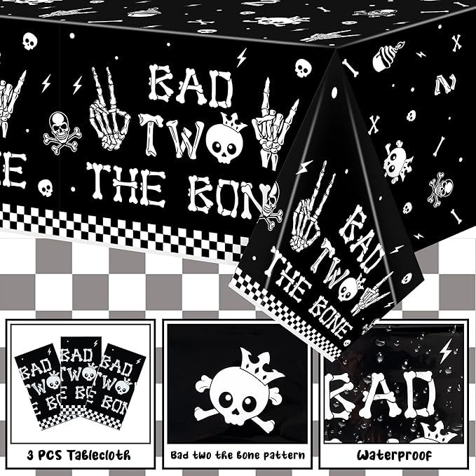K1tpde 3PCS Bad Two The Bone Party Tablecloth for Kids, Music Themed 2nd Black Plastic Tablecloth, Rock and Roll 2nd Disposable Table Covers for Birthday Decoration, Skeleton Party Supplies