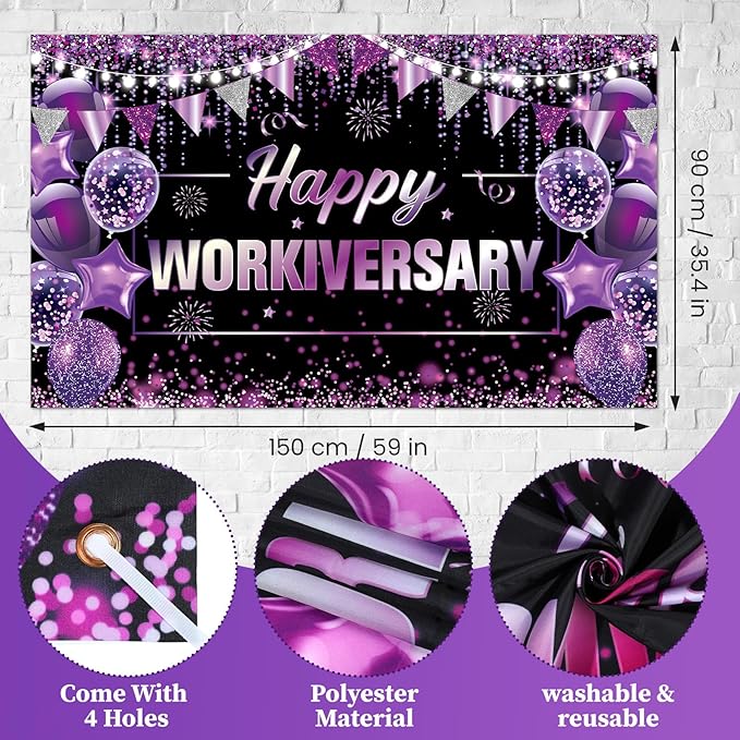 Happy Work Anniversary Decorations Black and Purple Happy Workiversary Banner Honeycomb Centerpieces Hanging Swirls Tissue Paper Pompoms Sash Set for Women Office Employee Worker Appreciation Supplies