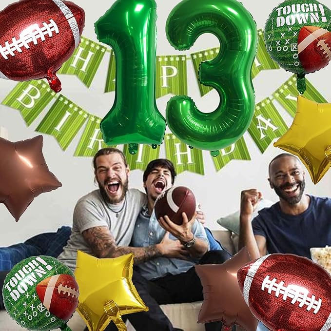 Football Birthday Decorations - 13th Birthday Balloon Rugby Gold Brown Star Rugby Field Touchdown Sports Theme Party Supplies - 10Pcs