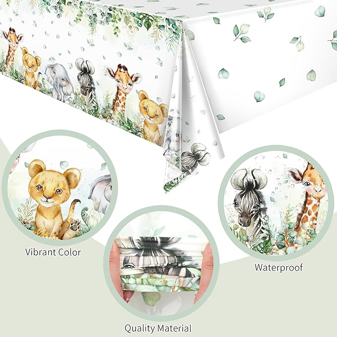 TREWAVE 3 Pcs Jungle Safari Animal Tablecloths Wild Animals Plastic Table Cover Wild Creatures Printed Tablecloth for Boy Girl Baby Shower Birthday Table Decoration Supplies, 54" x 108"
