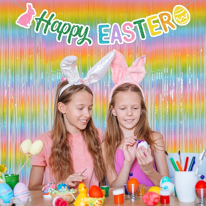 Melsan Pastel Tinsel Backdrop for Easter Decorations, Macaron Rainbow Foil Fringe Curtains 3.2 ft x 8.2 ft for Birthday Party Photo Booth Props Decoration, 2 Pack