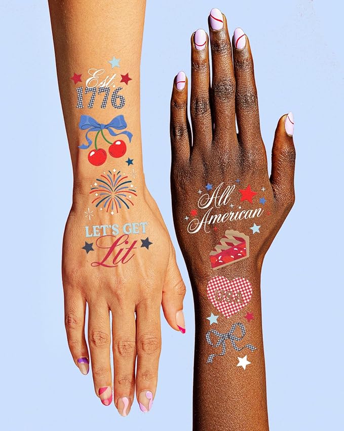 xo, Fetti America 250 Tattoos, 4th of July -60 Temporary Tattoos | USA, Red White Blue, Stars, Fireworks, Patriotic Party Decor, Kids Party, All American