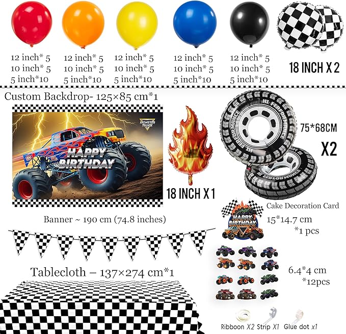 Monster Truck Birthday Decorations include Red Blue Yellow Balloons Ribbon Arch Cake Paper Card Toppers Tablecloth Backdrop Truck Birthday Decor for Boys Racing Party Decoration Supplies