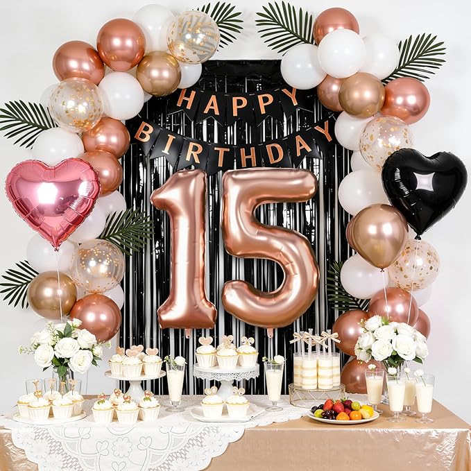 15th Birthday Decorations for Girls - Rose Gold, Black Hot Pink Quinceanera Party Supplies Set with Happy 15th Banner, Number 15 Balloons, Foil Fringe Curtains - 15 Year Old Mis Quince Celebration Kit