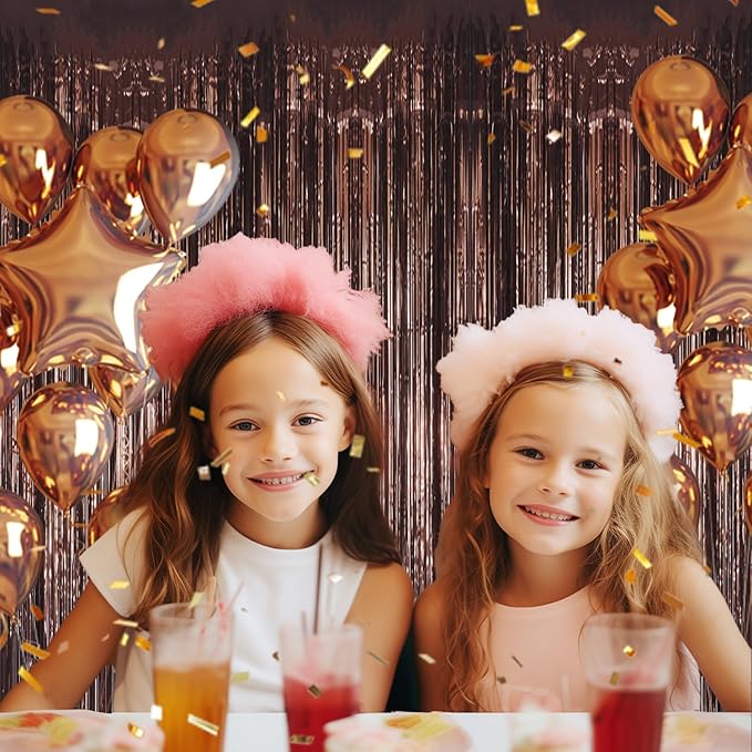 2 Pack Foil Fringe Backdrop - Brown Shiny Tinsel Curtains for Party Decoration/Photo Booth Props - 3.3x6.6 FT Metallic Foil Backdrop for Birthday, Wedding, Graduation, Christmas.