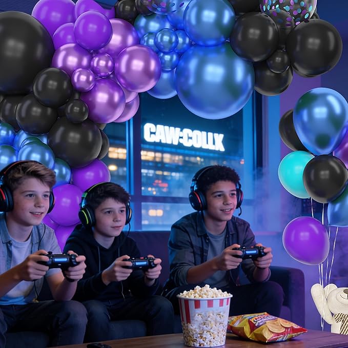 Amandir 153pcs Black Purple Blue Balloon Arch Garland Kit, Different Sizes 18 12 10 5 inch Confetti Teal Metallic Blue Purple Balloons for Video Outer Space Themed Shower Birthday Party Decorations