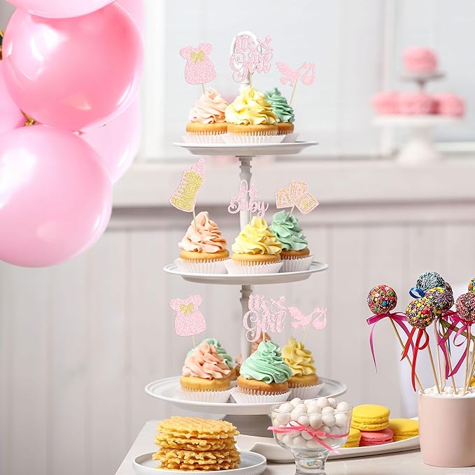 Gyufise 24Pcs Baby Shower Cake Topper, Light Pink, Baby Girl Themed Cupcake Picks for Gender Reveal, Birthday Party Supplies