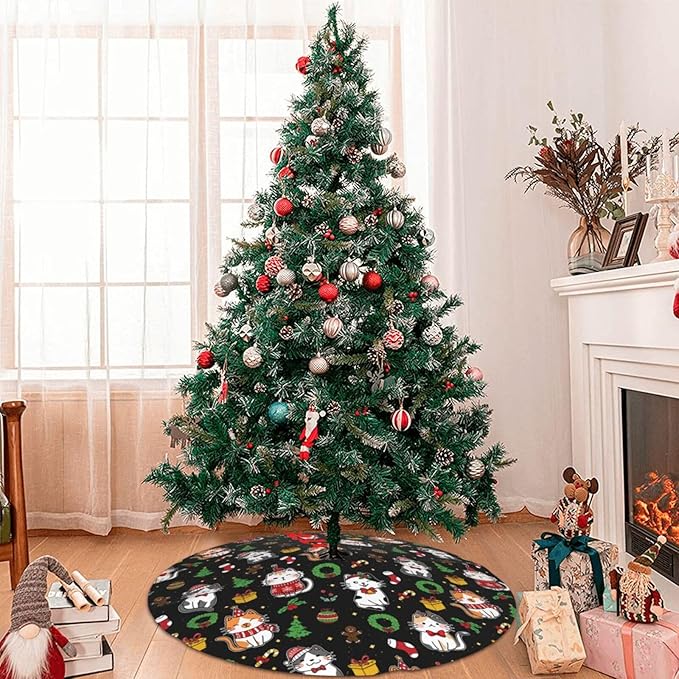 Funny Cats Christmas Tree Skirt, 30 Inch Xmas Tree Mat for Holiday Party Home Decor Indoor Outdoor Use with Adorable Cat Designs 30"