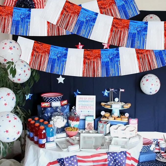 BEISHIDA 3 Packs Metallic Foil Fringe Garland Red White Blue Wall Hanging Tinsel Fringe Banners for Floats Birthday 4th of July Memorial Day Patriotic New Year Party Decoration(30 Feet)