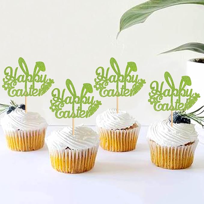 Ercadio 24Pcs Happy Easter Cupcake Toppers Glitter Green Happy Easter Bunny Ears Cupcake Picks for Easter Day Theme Baby Shower Easter Birthday Party Cupcake Decorations