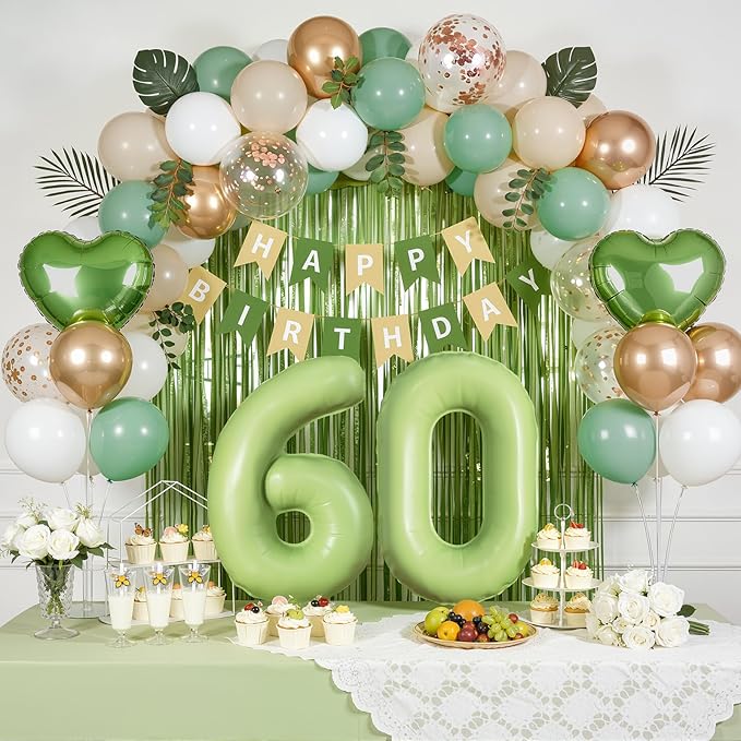 Sage Green 60th Birthday Decorations, Sassy 60 Party Supplies for Women Men, Sand White & Cream Balloon Kit with Green Number 60 Balloon and Fringe Curtains