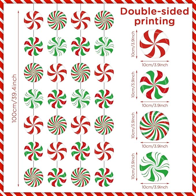 Faccito 8 Pcs Christmas Peppermint Candy Hanging Decorations Christmas Ceiling Decorations Paper Garland for Xmas Party Winter Holiday Birthday Decor (Red Green Candy)