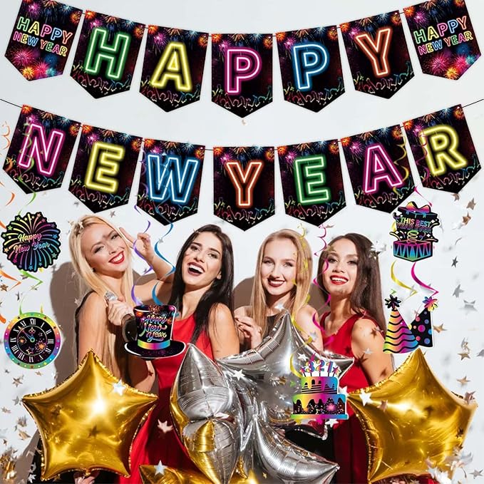 Happy New Year Decorations 2026 Colorful Happy New Year Banner & Ceiling Hanging Swirls Perfect for New Years Eve Party Supplies 2026