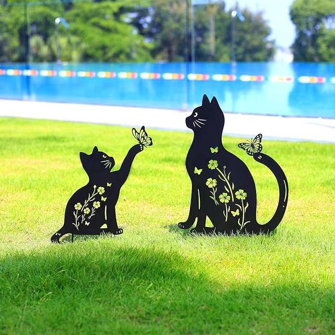 Cat Metal Decorative Garden Stakes,Gifts for Women/Men/Cat Lovers,Black Silhouette Statues Spring Garden Decor for Outdoor, Yard Art, Outside,Patio,Forests,Lawn Ornaments