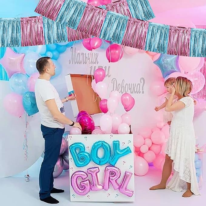 BEISHIDA 3 Packs Metallic Foil Fringe Garland Pink Light Blue Wall Hanging Tinsel Fringe Banners for Car Floats Bridal Shower Wedding Birthday Graduation Holiday Party Decoration(30 Feet)