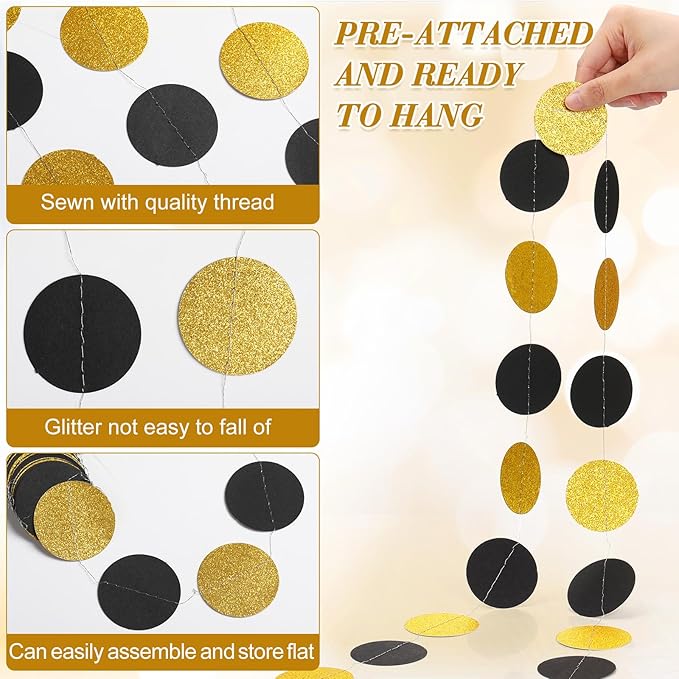 Syhood 10 Pcs Party Decorations Paper Dot Circle Garlands Glitter Streamers Hanging Banner Decor for New Year Baby Shower Wedding Birthday Backdrop Supplies (Black and Gold)